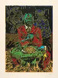 Jörg Immendorff, Baselitzfrühstück, 1992, Farblinolschnitt auf leichtem Karton