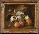 Franz Werner Tamm, Stillleben mit drei Meerschweinchen und Obst, Technik: Öl auf Leinwand