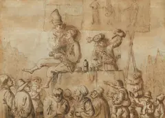 Andries Both, Holländische Marktszene mit einem Zahnarzt, Sepiazeichnung auf Papier