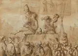 Andries Both, Holländische Marktszene mit einem Zahnarzt, Sepiazeichnung auf Papier