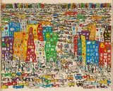 James Rizzi, It's so hard to be a Saint in the City, 1982, 3D-Farbserigrafie auf leichtem Karton
