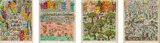 James Rizzi, Four Seasons (Spring, Summer, Fall, Winter), 1988, Jeweils: 3D-Farbserigrafie auf leichtem Karton
