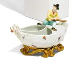Gewürzschiff, sog. Navicella by Meissen, Um 1740, Porzellan farbig und sparsam gold dekoriert. Feuervergoldete Bronzemontierung, sold May 2025