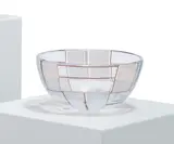 Ercole Barovier, Kleine Schale 'Sidone', 1957, Farbloses Glas mit aufgeschmolzenen milchig weißen, leicht opaleszenten Plättchen und dunkel violetten Fäden