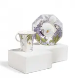 Rozenburg, Tasse und Untertasse mit Spinne und violettem Flieder, 1906, Eierschalenporzellan mit polychromem Dekor