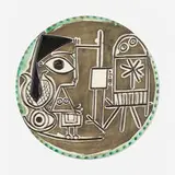 Jacqueline au Chevalet plate by Pablo Picasso, 1956, white earthenware clay decorated in engobes and brushed glazed, patinated ground, sold Feb 2022
