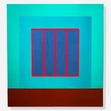Peter Halley, Blue Prison, 2001, acrylic, fluorescent acrylic, metallic acrylic, pearlescent acrylic, and Roll-a-Tex on canvas