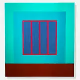Peter Halley, Blue Prison, 2001, acrylic, fluorescent acrylic, metallic acrylic, pearlescent acrylic, and Roll-a-Tex on canvas