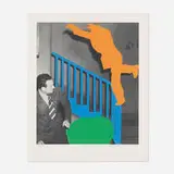 John Baldessari, Two Figures: One Leaping (Orange); One Reacting (with Blue and Green), 2005, duotone photolithograph and lithograph with embossing and debossing on torn Magnani Pescia paper
