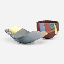 Thomas Hoadley, Nerikomi vessels, set of two, colored porcelain, gold leaf