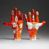 Michael Lucero, Red Hands (from the New World series), 1992, glazed and hand-painted earthenware
