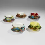 Collection of five teacups and saucers by Betty Woodman and Joyce Kozloff, c. 1981, glazed earthenware, sold Oct 2024