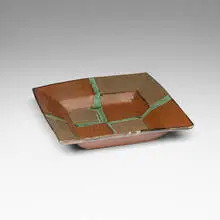 Shoji Hamada, Square dish, c. 1963, stoneware with iron rust glaze and trailed copper green glaze