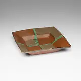 Shoji Hamada, Square dish, c. 1963, stoneware with iron rust glaze and trailed copper green glaze