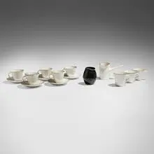 Collection of fifteen tablewares by Lucie Rie and Hans Coper, c. 1955, glazed stoneware, sold Oct 2024