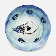 Charger with fish by Beatrice Wood, c. 1944, glazed earthenware, sold Oct 2024