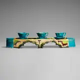 Untitled (Tray with three cups and saucers) by Betty Woodman, c. 1985, glazed earthenware, sold Oct 2024
