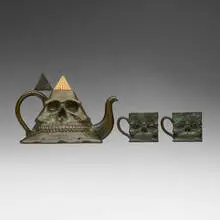 Skull tea set by Richard Notkin, 1980, bronze, glazed porcelain, sold Oct 2024