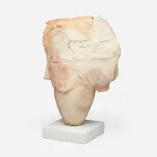Pedestal Piece by Paul Soldner, c. 1985, slab-built and raku-fired earthenware, marble, sold Oct 2024