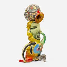 Man Balancing Vessel (from the Pre-Columbus series) by Michael Lucero, 1992, glazed and hand-painted earthenware, sold Oct 2024