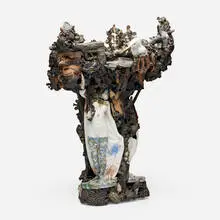 Acquinum Cup by László Fekete, 1993, transfer-printed, painted, glazed, and re-purposed porcelain and stoneware, found metal objects, sold Oct 2024