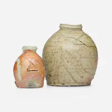 Shirō  Tsujimura, Vases, set of two, c. 1999, ash-glazed and anagama-fired stoneware