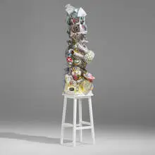 Michael Lucero, House Hunter Totem, 2006-07, glazed ceramic, painted wood, steel