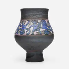 Vase with figures by Edwin and Mary Scheier, 1990, glazed stoneware, sold Oct 2024