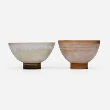 Footed bowls, set of two by Maija Grotell, c. 1950, glazed stoneware, sold Oct 2024