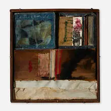 Hannelore Baron, Untitled (B80024), 1980, cloth, metal frame, wood blocks, ink, and paper in artist-made frame