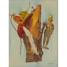 Irvin Cowen, Untitled (trompe-l'œil with toy soldier, coin purse, leaf, feather, twine, pin and stump)