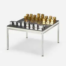 Rena Dumas, chess set, c. 1985, chrome-plated steel, matte chrome-plated steel, brass, chrome-plated brass, laminate