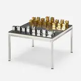 Rena Dumas, chess set, c. 1985, chrome-plated steel, matte chrome-plated steel, brass, chrome-plated brass, laminate