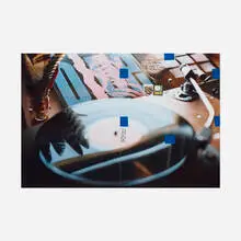 Moyra Davey, Blue (mailer), 2011, inkjet print on Fuji Film Crystal Archive Paper with ink, tape and postage stamps