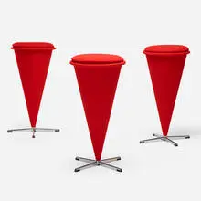 Cone bar stools, set of three by Verner Panton, 1958, wool upholstery, chrome-plated steel, plastic, sold Apr 2020