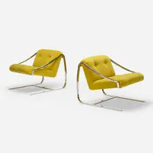 Plaza lounge chairs, pair by Charles Gibilterra, c. 1975, mirror polished stainless steel, velvet upholstery, sold Apr 2020