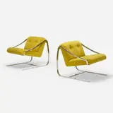 Charles Gibilterra, Plaza lounge chairs, pair, c. 1975, mirror polished stainless steel, velvet upholstery