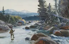 Odgen Minton Pleissner, Fishing the Wind River, watercolor and pencil on paper