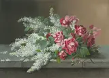 Raoul Maucherat de Longpré, Still Life of Lilacs and Roses, goauche on paper laid to card