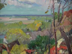 Gerald, Landscape with a Man on a Horse, oil on unstretched canvas