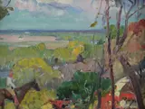 Gerald, Landscape with a Man on a Horse, oil on unstretched canvas