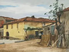 Ogden Pleissner, Portuguese Fishing Village, watercolor and pencil on card