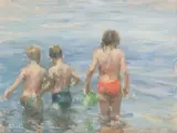 Marie Stobbe, Children on the Beach, oil on masonite