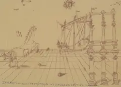 John D. Graham, Sketch of Columns, Spires, a Ship and a Horse, pen and ink on vellum