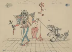 John D. Graham, Harlequin with Beast, pen and ink and goauche on paper
