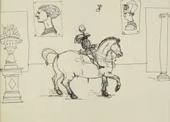 John D. Graham, Three Drawings: i)man on a horse with two medallions in background and verso depicts sketches of women drawn from Greek coins ii)drawing of a man on a horse facing left in a landscape with columns iii) drawing of man on horse facing right in a landscape with columns, pen and pencil on paper