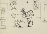 John D. Graham, Three Drawings: i)man on a horse with two medallions in background and verso depicts sketches of women drawn from Greek coins ii)drawing of a man on a horse facing left in a landscape with columns iii) drawing of man on horse facing right in a landscape with columns