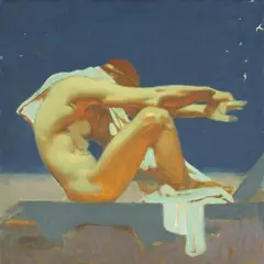 J. C. Leyendecker, Man on the Hood of a Racing Car, A Study of a Kneeling Man, and Man with a Lyre: three, mixed media on canvas