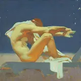 J. C. Leyendecker, Man on the Hood of a Racing Car, A Study of a Kneeling Man, and Man with a Lyre: three, mixed media on canvas