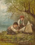J. C. Thom, The Toy Boat, 1878; A Young Girl Sweeping, 1878 (a pair), oil on panel